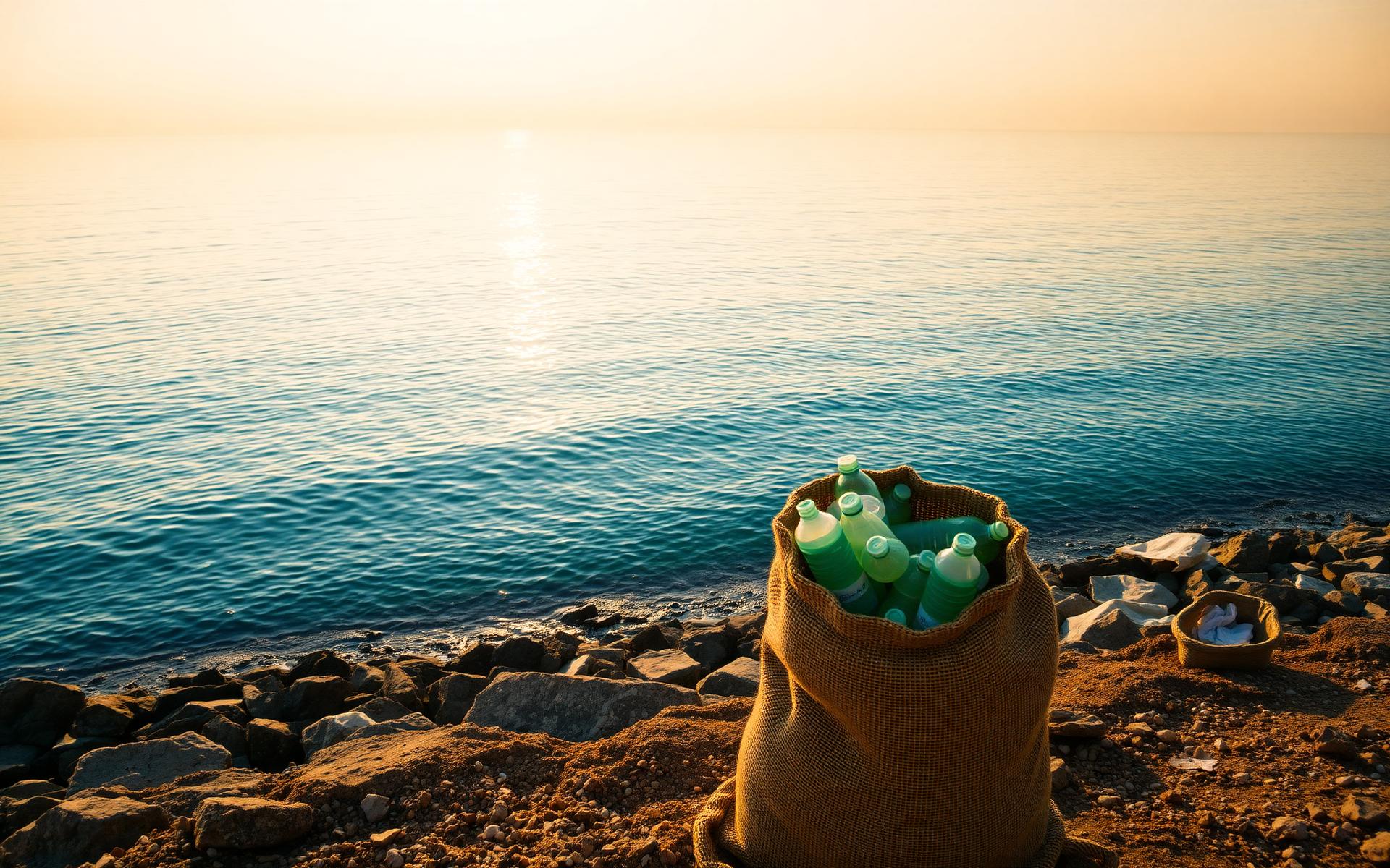 Costa al tramonto con sacco di plastica recuperata